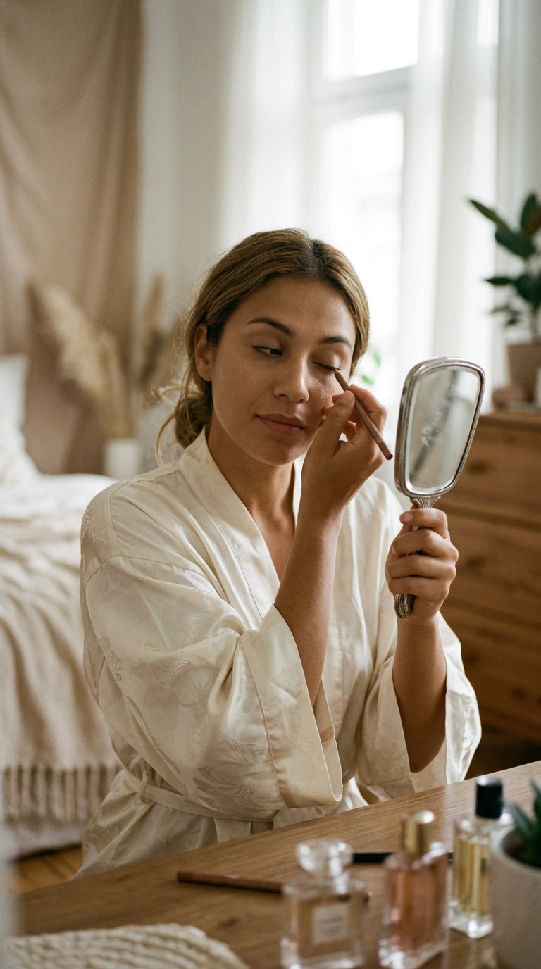 A woman in a silk robe looking into a hand mirror, applying a soft brown pencil eyeliner, gentle expression, photorealistic, shot on 35mm lens, Nano Banana style, ultra-realistic, soft lighting, 9:16 ratio