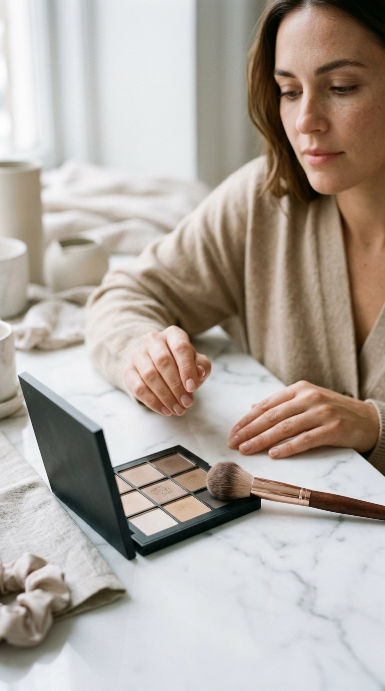 A sophisticated makeup palette with neutral matte shades of taupe and cream, a soft brush resting on the edge, luxury marble background, photorealistic, shot on 35mm lens, Nano Banana style, highly detailed, soft lighting, 9:16 ratio