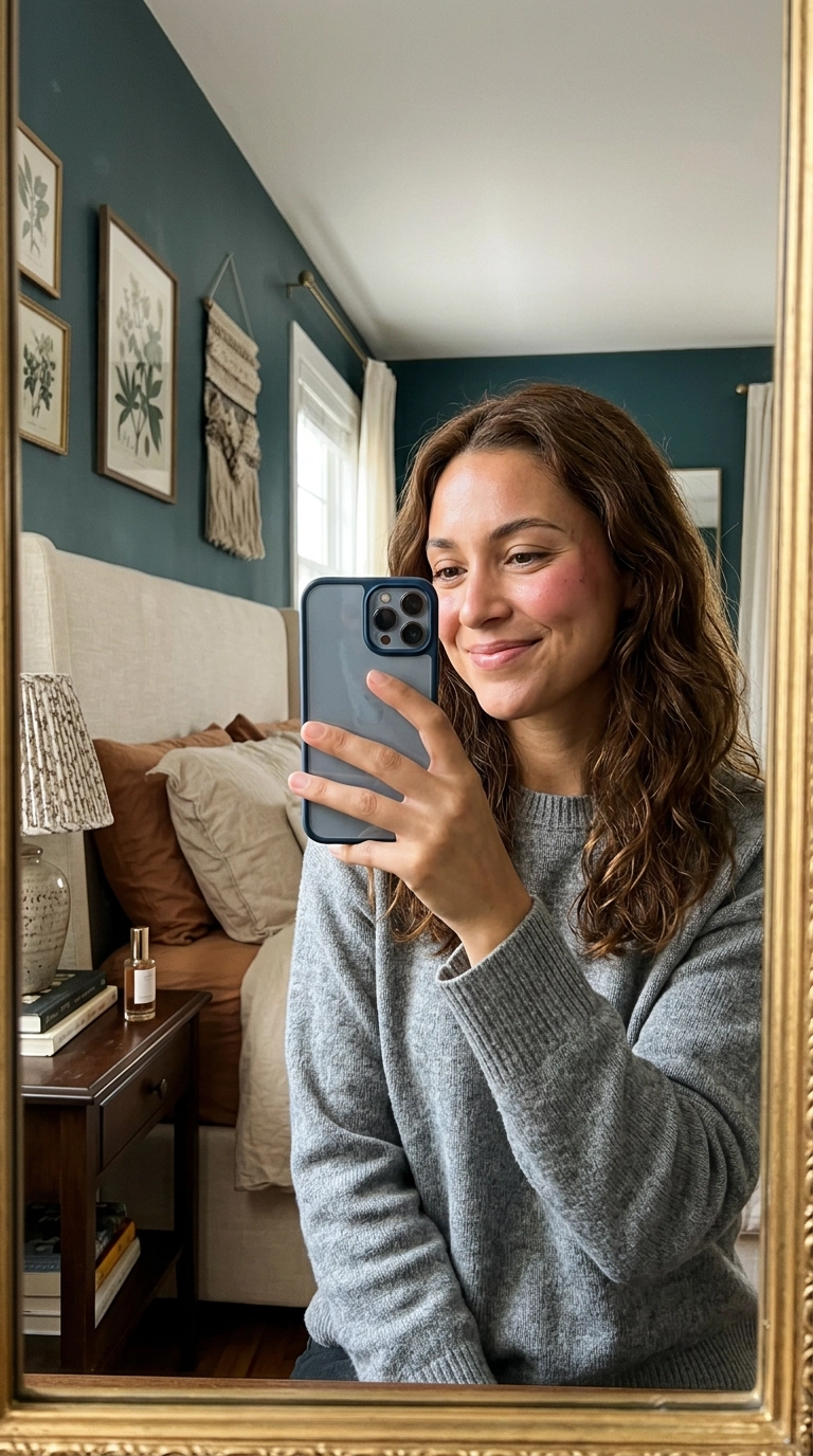 A mirror selfie of a woman smiling, showing her glowing cheeks after applying cream blush, luxury bedroom background, photorealistic, shot on 35mm lens, Nano Banana style, ultra-realistic, soft lighting, editorial aesthetic, 9:16 ratio