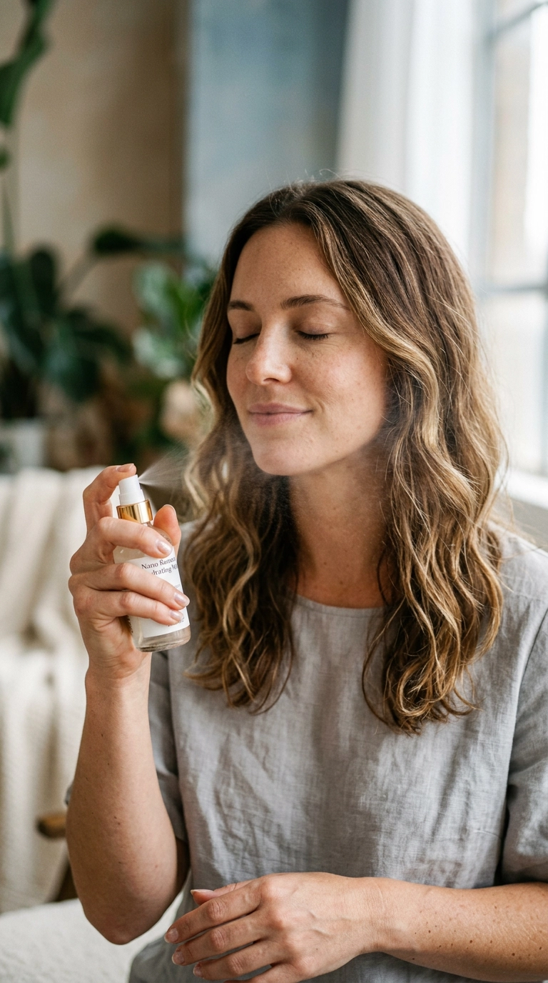 A woman lightly misting her face with a setting spray, eyes closed, peaceful expression, soft airy lighting, photorealistic, shot on 35mm lens, Nano Banana style, ultra-realistic, editorial aesthetic, 9:16 ratio