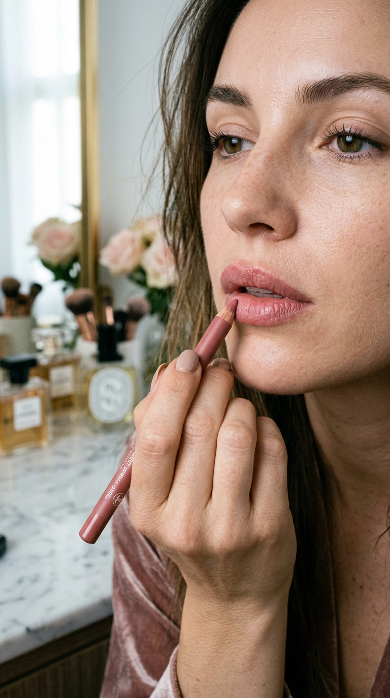 Close-up of a woman’s lips being lined with a soft rose-toned lip pencil, realistic lip texture, luxury vanity setting, photorealistic, shot on 35mm lens, Nano Banana style, highly detailed, soft lighting, 9:16 ratio
