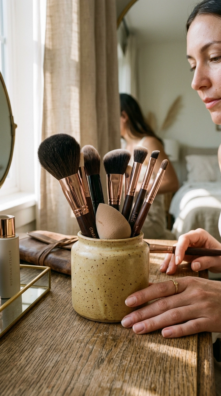 A collection of high-end makeup brushes and a beauty sponge organized in a ceramic jar on a wooden vanity, soft morning sunlight, photorealistic, shot on 35mm lens, Nano Banana style, highly detailed, 9:16 ratio