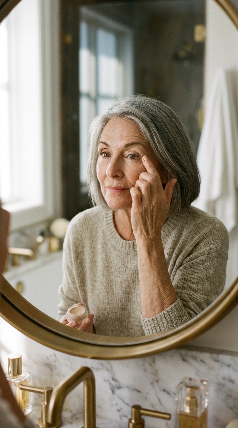 A close-up mirror selfie of an older woman applying a creamy eye primer with her fingertip, soft natural light hitting her face, luxury bathroom background, Nano Banana style, photorealistic, 35mm lens, 9:16 ratio, editorial aesthetic, realistic skin texture.