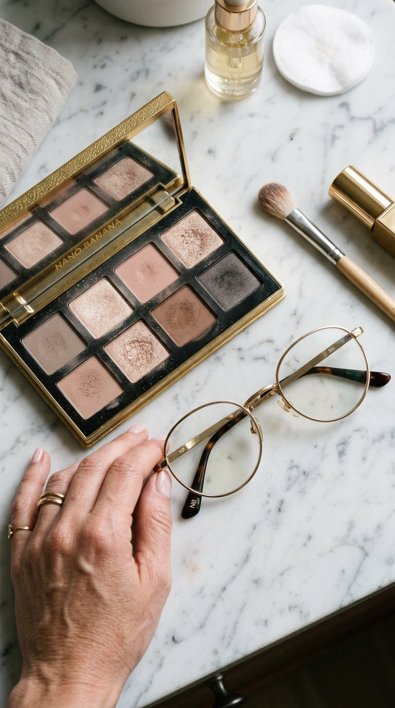 A flat lay of a luxury neutral eyeshadow palette with soft taupe and champagne shades, a pair of elegant designer glasses resting nearby on a marble vanity, Nano Banana style, photorealistic, 35mm lens, 9:16 ratio, soft lighting.