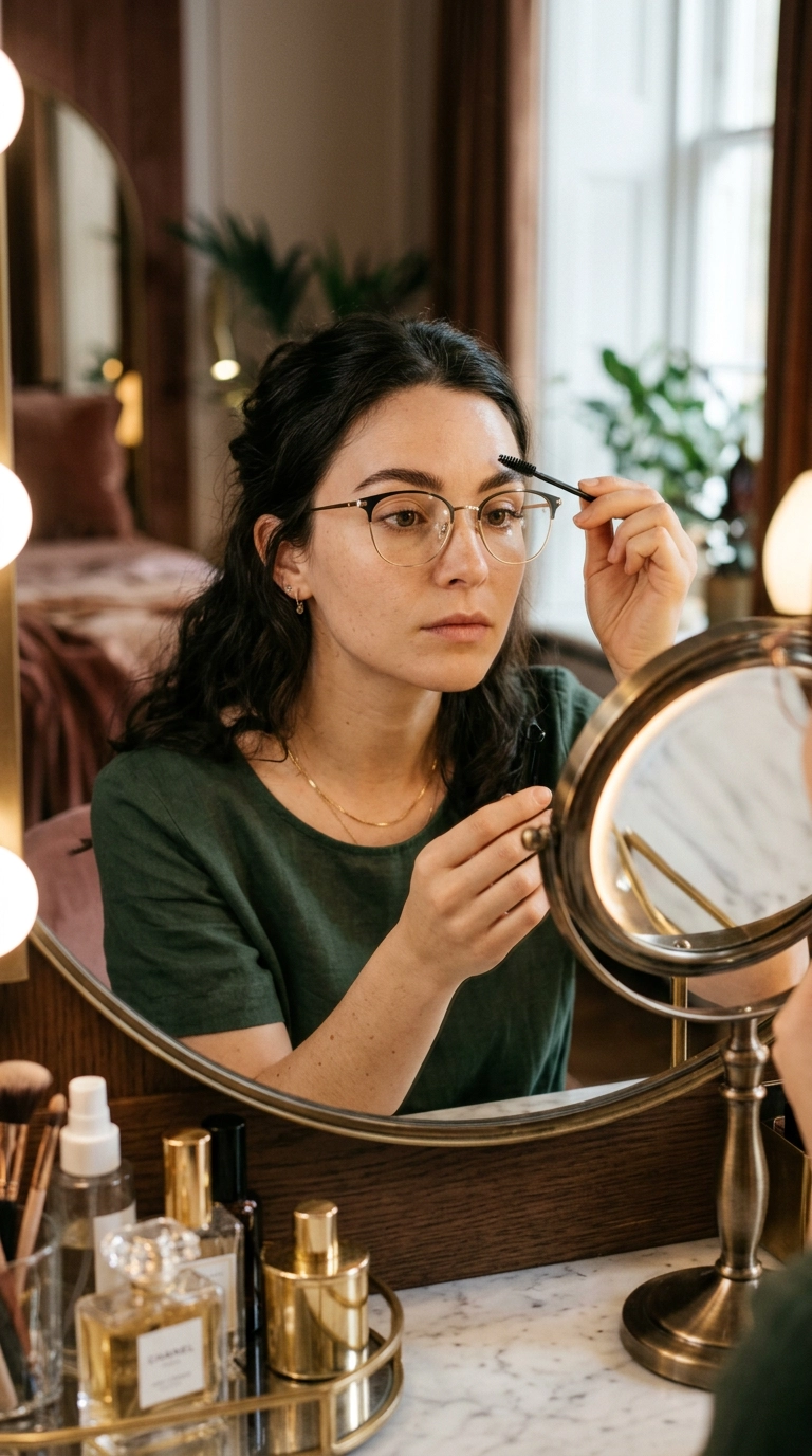 A woman with elegant glasses brushing through her eyebrows with a spoolie, focused on her reflection in a luxury vanity mirror, soft lighting, Nano Banana style, photorealistic, 35mm lens, 9:16 ratio, editorial aesthetic.