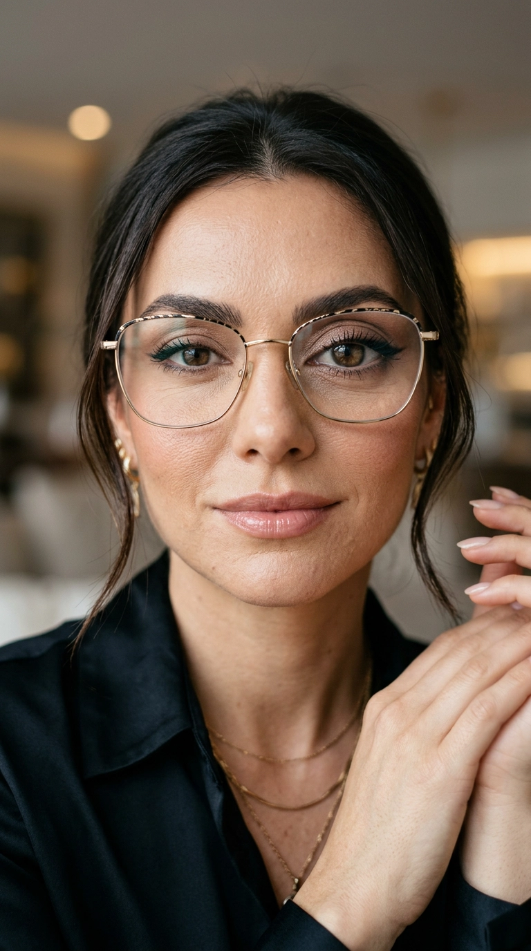 A close-up of a woman's face showing her makeup through her glasses, one side magnified and one side normal to show the effect, luxury aesthetic, Nano Banana style, photorealistic, 35mm lens, 9:16 ratio.