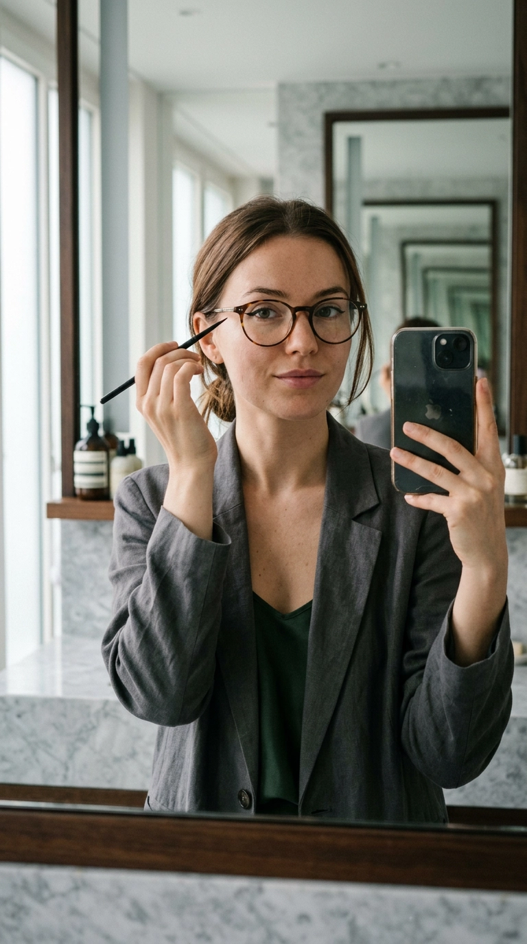 A mirror selfie of a woman wearing glasses, holding a fine-tip eyeliner brush, focusing on her reflection with a confident expression, soft editorial lighting, Nano Banana style, photorealistic, 35mm lens, 9:16 ratio.