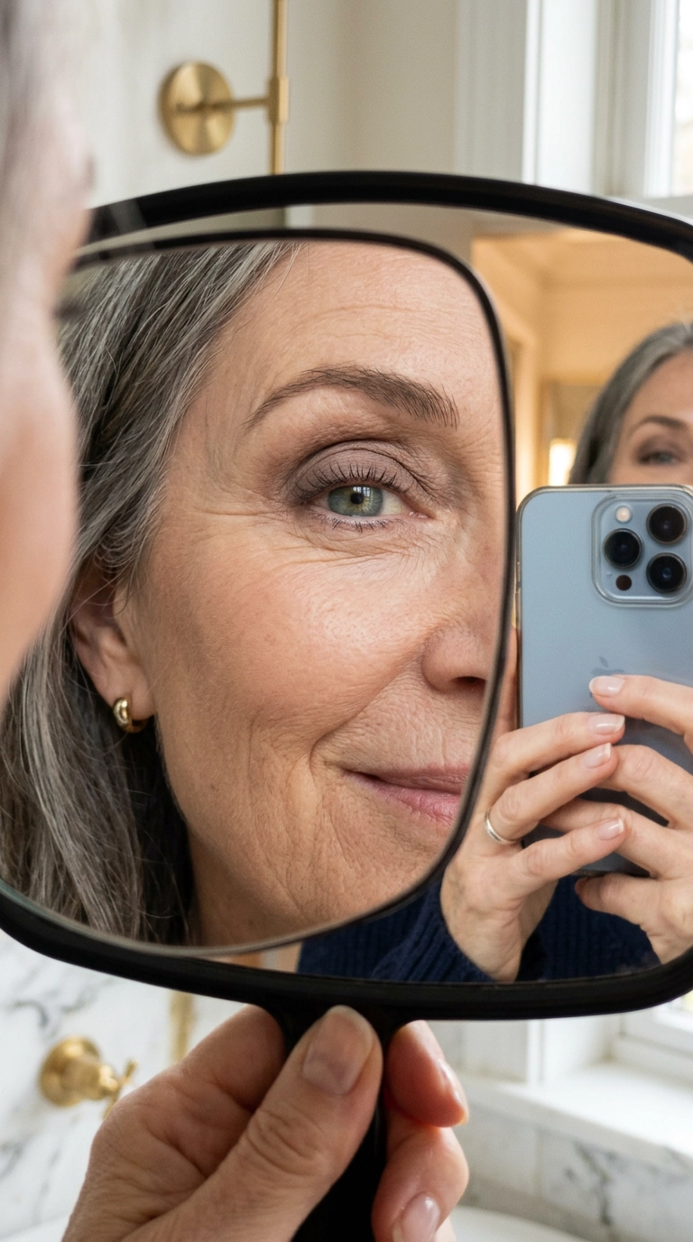 A sophisticated close-up mirror selfie of an older woman's eye area, showcasing soft lid folds and elegant skin texture. She has a gentle smile, and the focus is on the subtle, matte taupe eyeshadow. Nano Banana style, photorealistic, shot on 35mm lens, highly detailed, ultra-realistic, soft lighting, editorial aesthetic, 9:16 ratio.