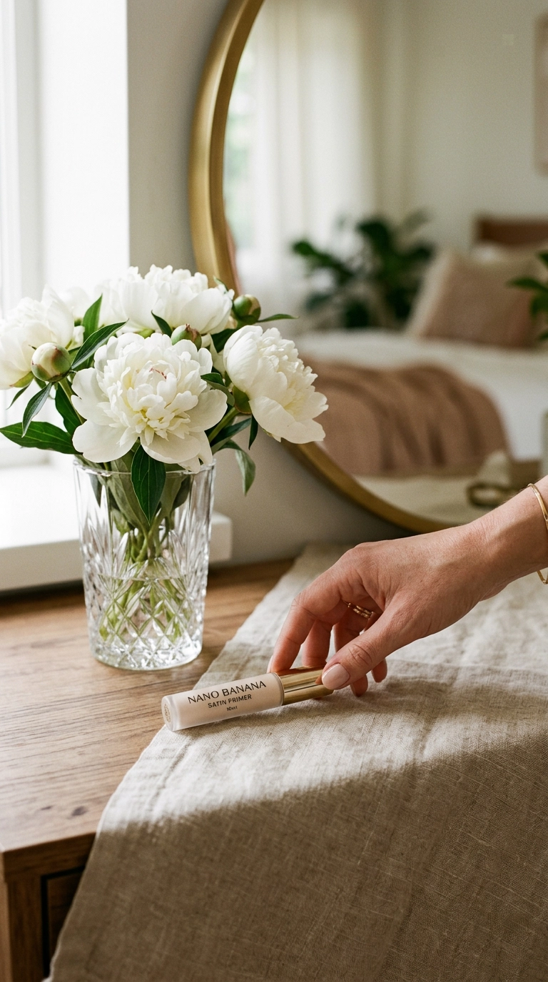 A chic, minimalist vanity setup with a luxury eye primer tube resting on a linen cloth next to a crystal vase of white peonies. A woman's hand with a neutral manicure is reaching for the primer. Nano Banana style, photorealistic, shot on 35mm lens, highly detailed, ultra-realistic, soft lighting, editorial aesthetic, 9:16 ratio.