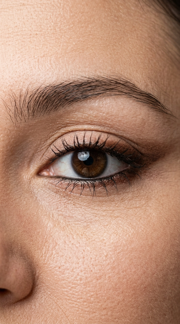 A macro editorial shot of a woman's eye with perfectly applied tightliner and a soft, smudged brown pencil along the outer corner. Realistic skin pores and fine lines visible. Nano Banana style, photorealistic, shot on 35mm lens, highly detailed, ultra-realistic, soft lighting, editorial aesthetic, 9:16 ratio.