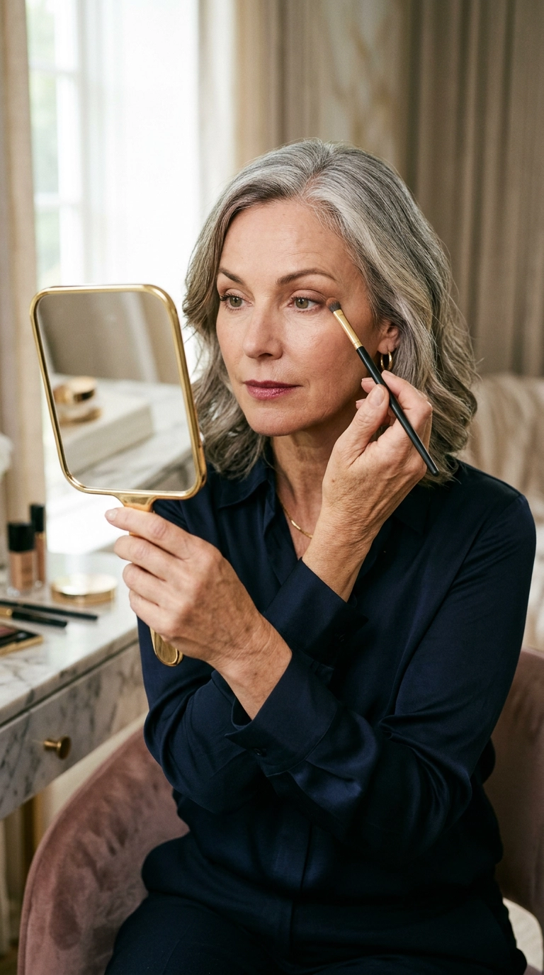 A 50-year-old woman looking directly into a sleek, handheld gold mirror, applying a soft brown shadow slightly above her natural crease. Her expression is focused and serene. Nano Banana style, photorealistic, shot on 35mm lens, highly detailed, ultra-realistic, soft lighting, editorial aesthetic, 9:16 ratio.