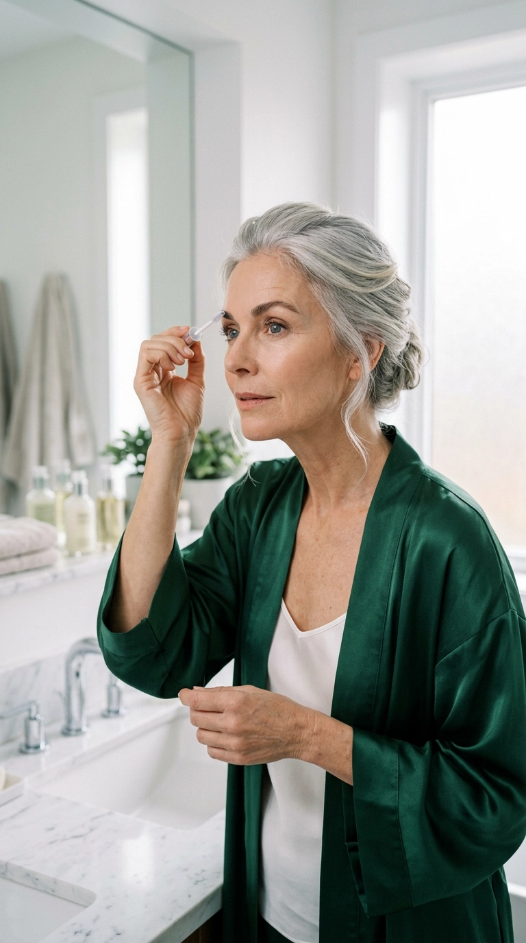 A woman with elegant silver hair brushing through her groomed eyebrows with a clear gel. She is wearing a silk robe in a bright, modern bathroom. Nano Banana style, photorealistic, shot on 35mm lens, highly detailed, ultra-realistic, soft lighting, editorial aesthetic, 9:16 ratio.
