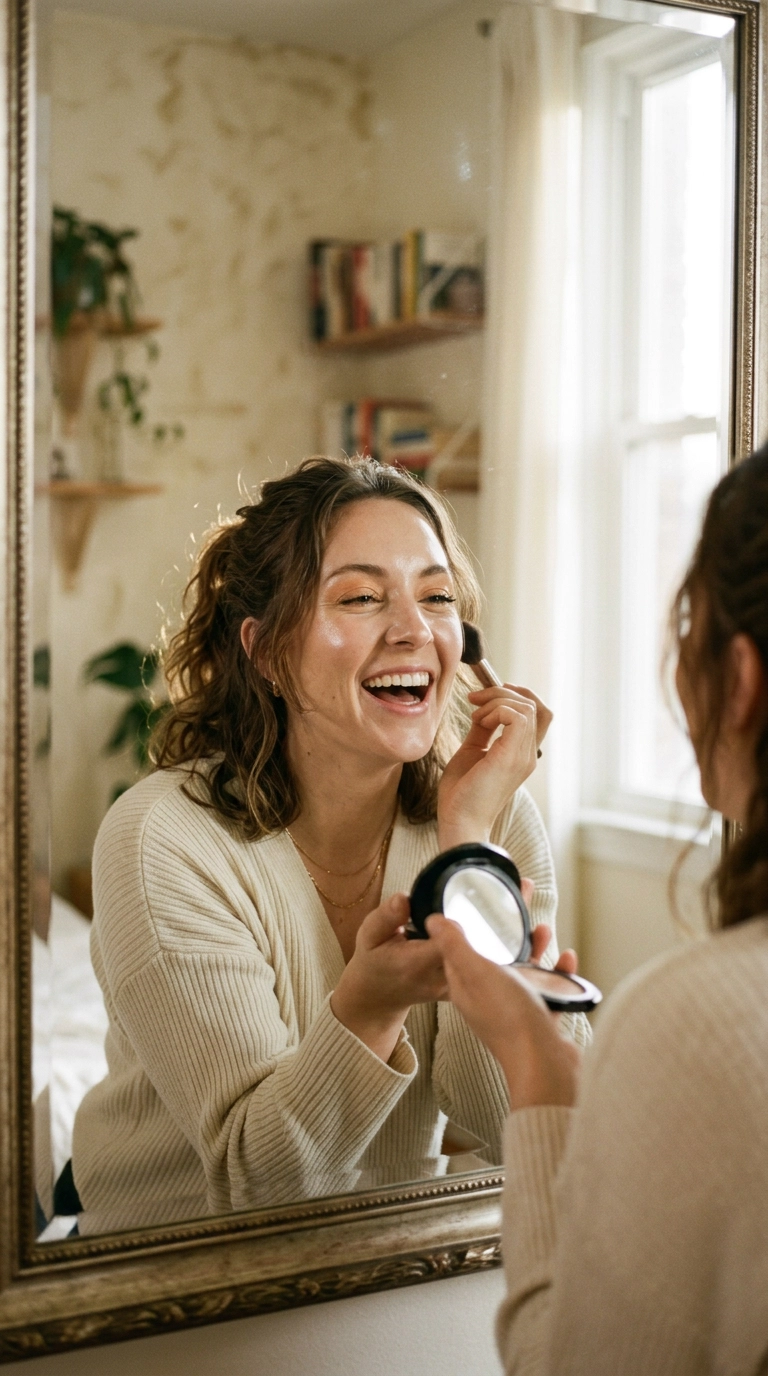 A woman laughing while checking her makeup in a large sunlit mirror, showing a very natural and glowing eye makeup look. Nano Banana style, photorealistic, shot on 35mm lens, highly detailed, ultra-realistic, soft lighting, editorial aesthetic, 9:16 ratio.