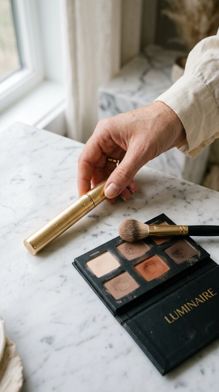 An editorial arrangement of luxury beauty products: a slim gold mascara tube, a matte neutral eyeshadow palette, and a high-end blending brush on a white marble surface. Nano Banana style, photorealistic, shot on 35mm lens, highly detailed, ultra-realistic, soft lighting, editorial aesthetic, 9:16 ratio.