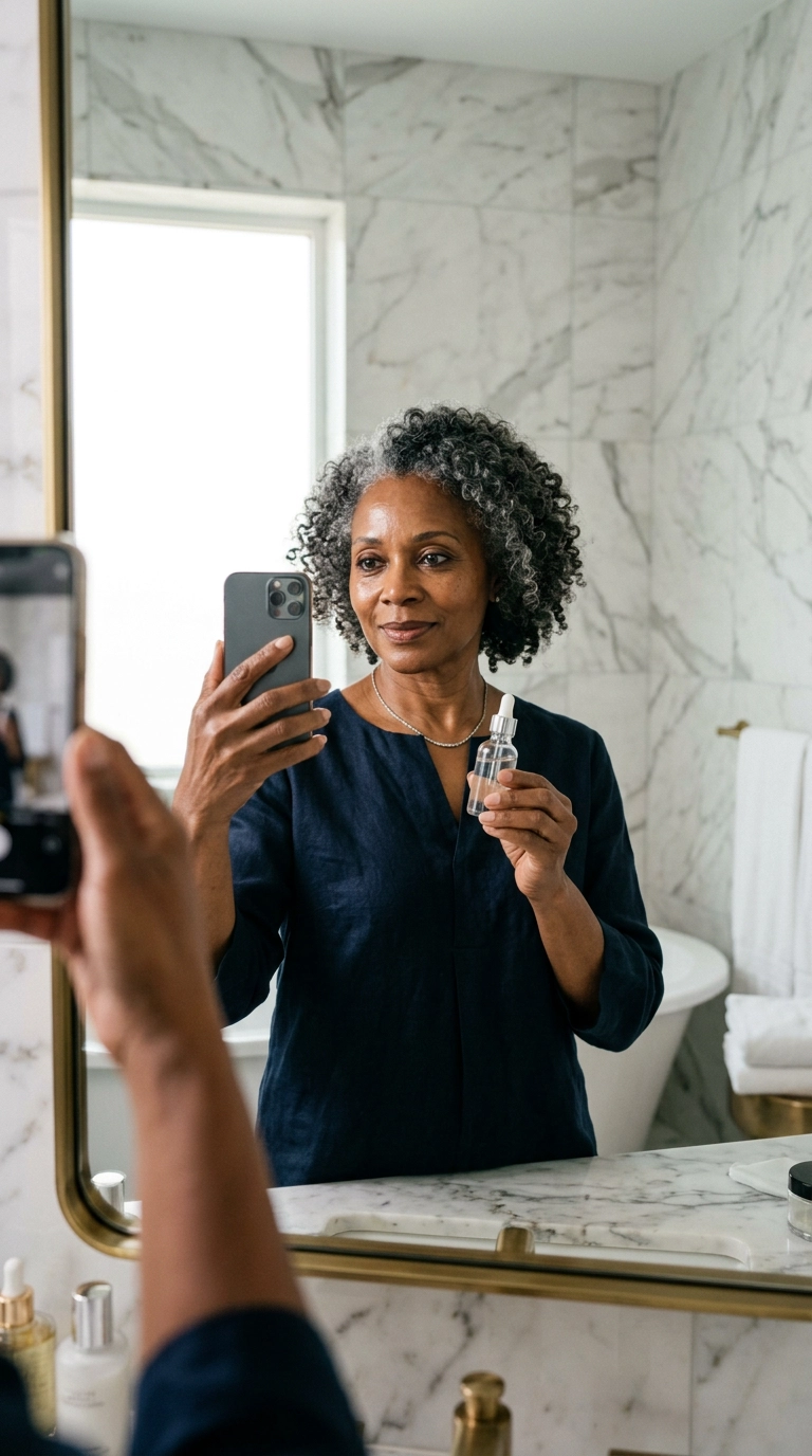 A mirror selfie in a luxury marble bathroom showing a sophisticated Black woman over 60 holding a glass serum bottle. Soft morning light hits her face, highlighting natural skin texture and hydration. 9:16 ratio, Nano Banana style, photorealistic, shot on 35mm lens, highly detailed, ultra-realistic, editorial aesthetic.