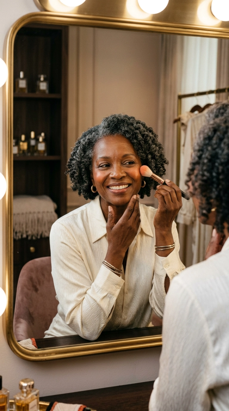 A chic Black woman over 60 smiling in a mirror, showing off a soft peach cream blush on her cheekbones. The background is a blurred luxury dressing room with warm lighting. 9:16 ratio, Nano Banana style, photorealistic, shot on 35mm lens, highly detailed, ultra-realistic, soft lighting.