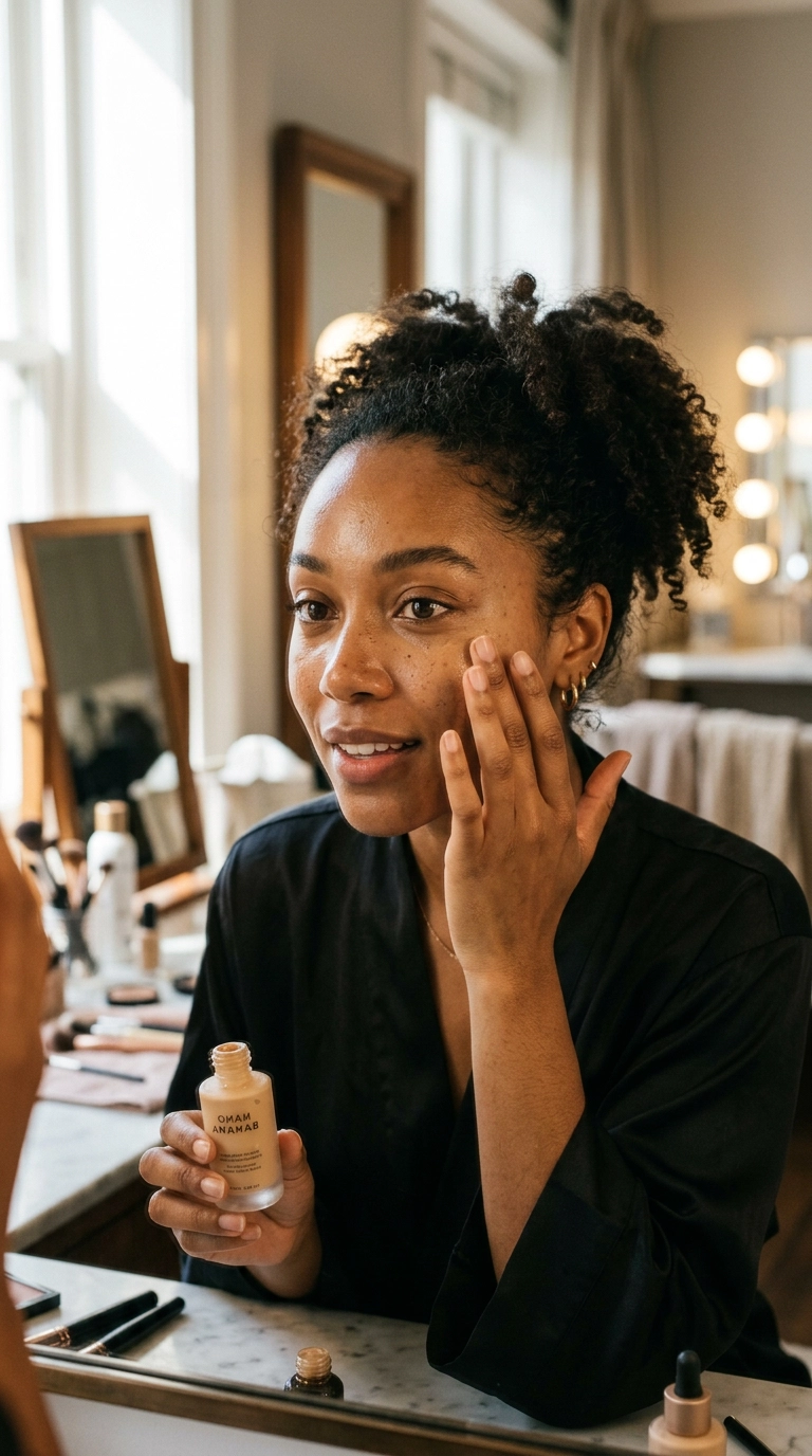 Close-up editorial shot of a Black woman's face with visible, beautiful skin texture. She is applying a lightweight serum foundation with her fingertips in a brightly lit dressing room. 9:16 ratio, Nano Banana style, photorealistic, shot on 35mm lens, highly detailed, ultra-realistic, soft side lighting.