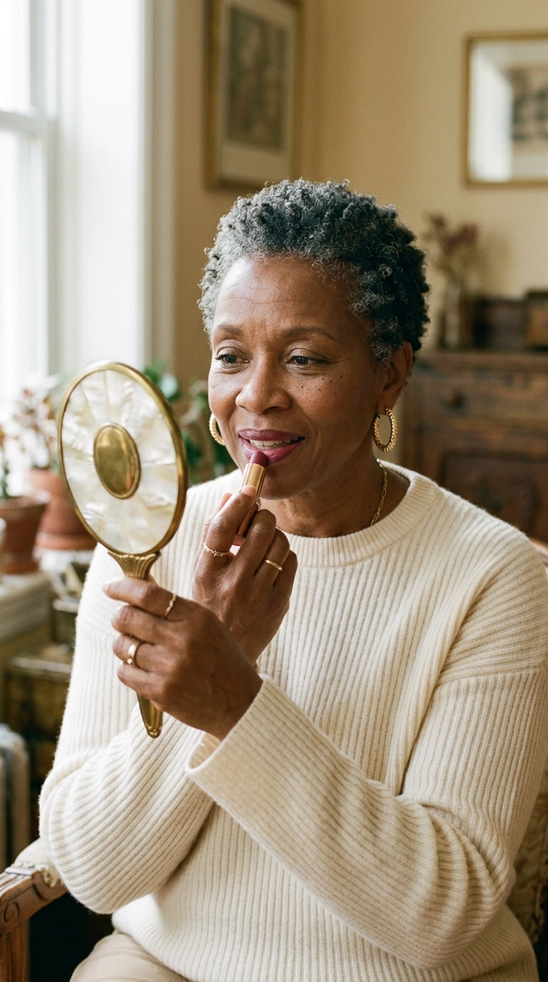A stylish 60+ Black woman applying a tinted lip balm in a vintage-style handheld mirror. She is wearing gold hoop earrings and a cashmere sweater. 9:16 ratio, Nano Banana style, photorealistic, shot on 35mm lens, highly detailed, ultra-realistic, soft lighting.