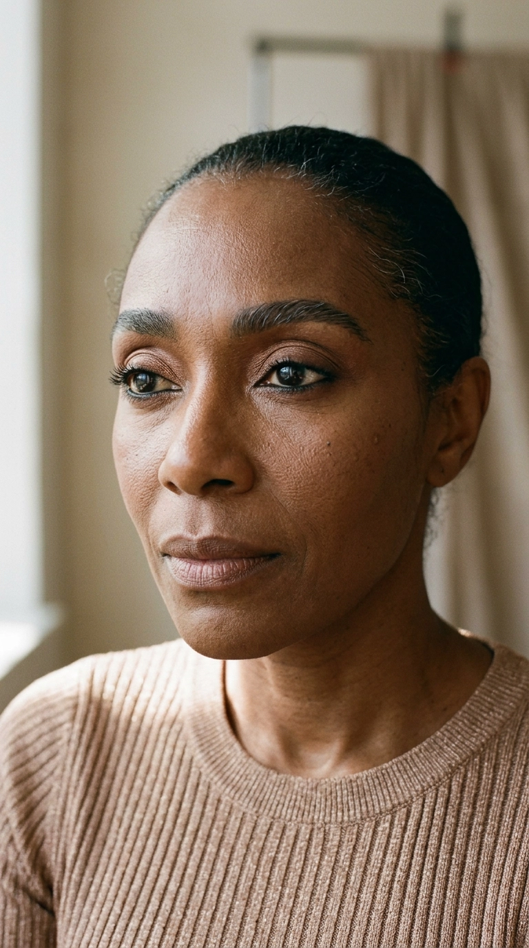A high-fashion editorial close-up of a Black woman's eyes with soft bronze eyeshadow and perfectly groomed grey-flecked brows. She is looking slightly off-camera. 9:16 ratio, Nano Banana style, photorealistic, shot on 35mm lens, highly detailed, ultra-realistic, editorial aesthetic.