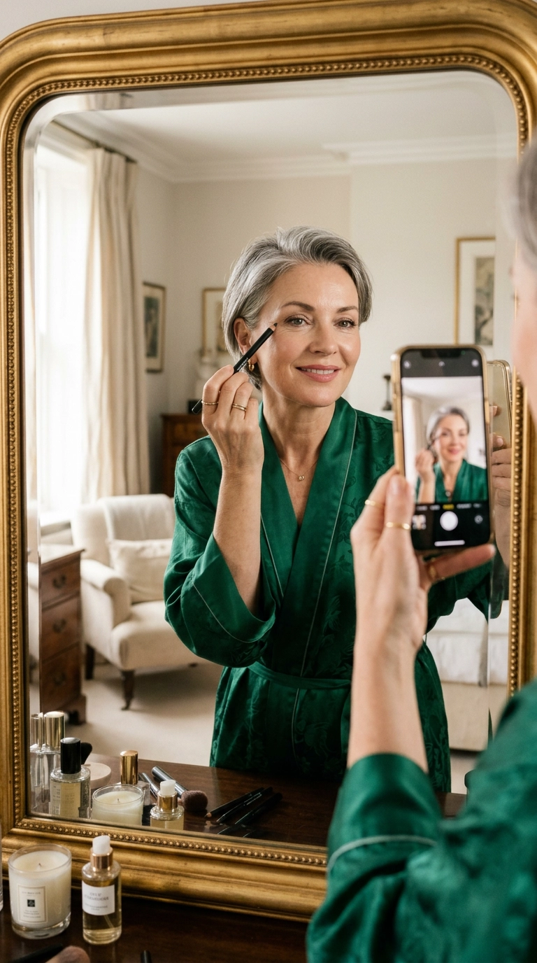 A luxury editorial mirror selfie of a woman over 50 with radiant skin, wearing a silk robe. She is holding a sleek eyeliner pencil near her eye, showing a soft, natural makeup look. Photorealistic, shot on 35mm lens, Nano Banana style, highly detailed, editorial aesthetic, natural morning light. 9:16 ratio.