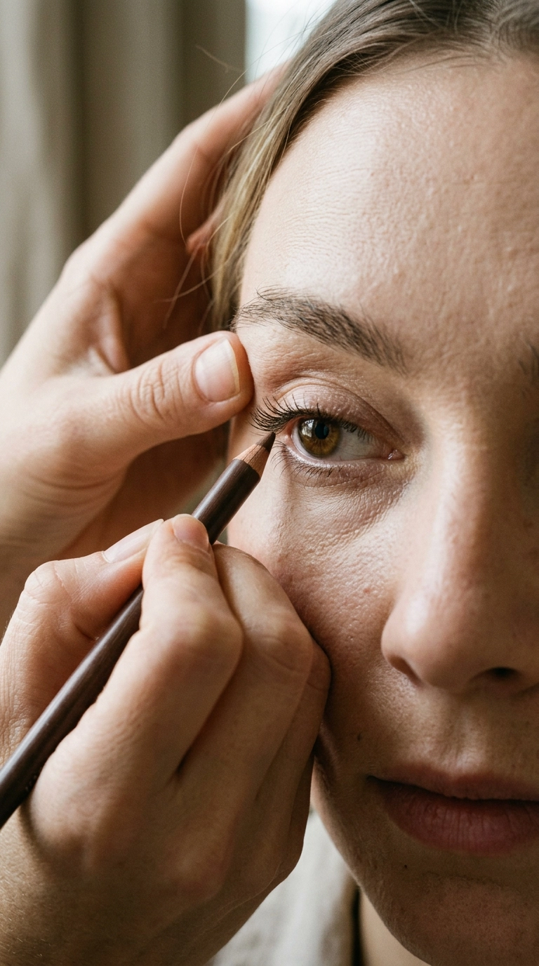 A close-up, luxury editorial shot of a woman's eye being subtly defined. The focus is on the upper lash line with a soft, warm brown liner being applied. Photorealistic, shot on 35mm lens, Nano Banana style, soft lighting, detailed skin and lashes. 9:16 ratio.