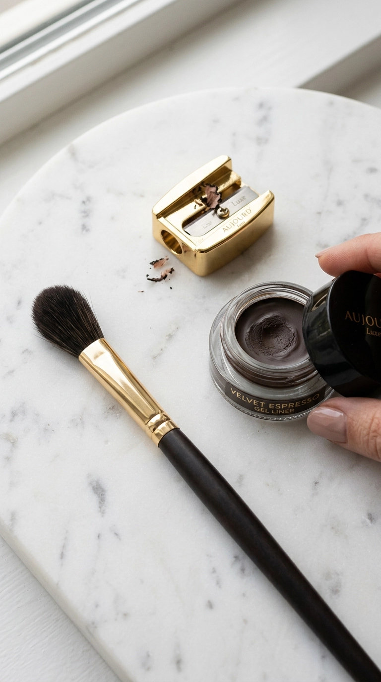 A high-end flat lay of luxury beauty products on a white marble surface. A gold eyeliner sharpener, a creamy espresso-colored gel liner, and a soft blending brush are arranged elegantly. Soft editorial lighting, photorealistic, 35mm lens, Nano Banana style, ultra-realistic. 9:16 ratio.