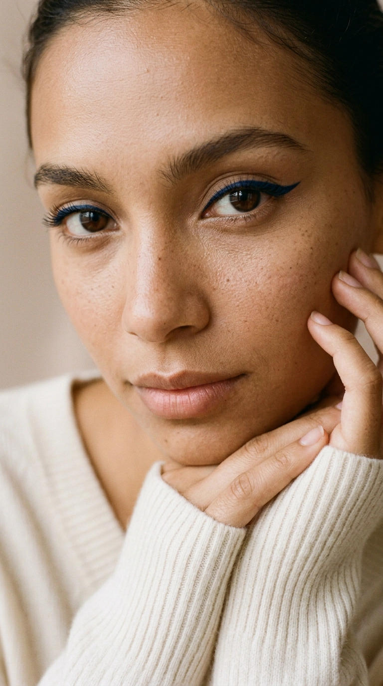 A luxury editorial beauty scene showing a close-up of a woman's eyes with navy blue eyeliner. Her eyes are bright and clear. She is wearing a cream cashmere sweater. Photorealistic, shot on 35mm lens, Nano Banana style, soft natural light, ultra-realistic texture. 9:16 ratio.