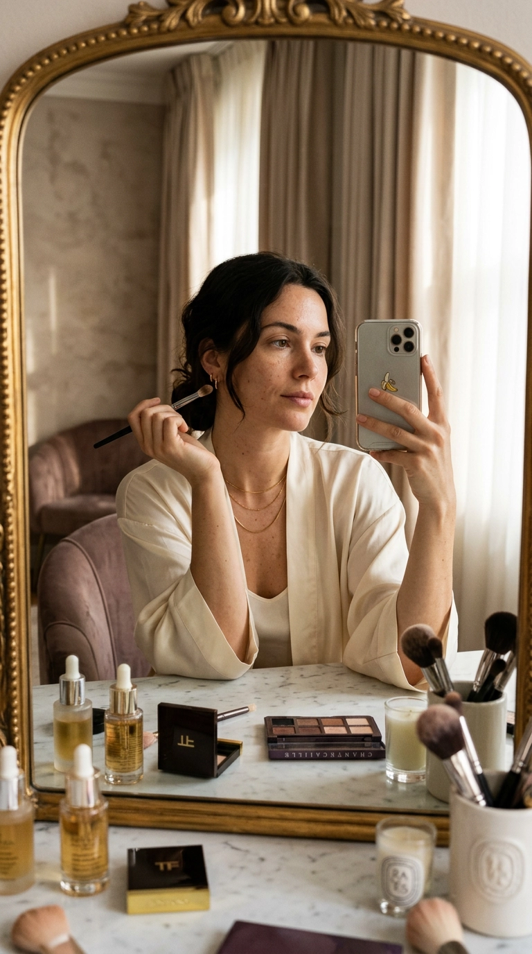 A luxury editorial mirror selfie of a woman comfortably seated at a vanity, resting her elbow on a marble surface while applying makeup. She looks relaxed and focused. Photorealistic, 35mm lens, Nano Banana style, soft lighting, detailed vanity accessories. 9:16 ratio.