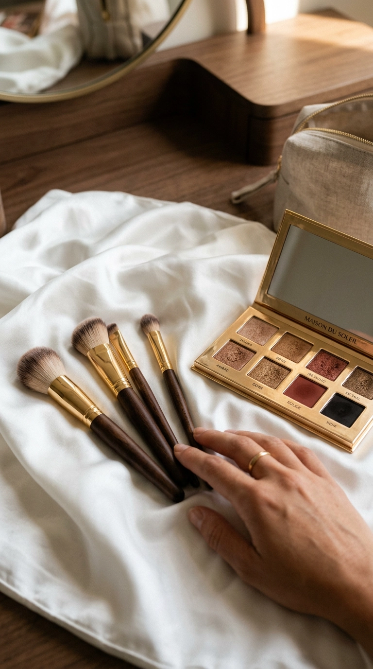 Aesthetic close-up of high-end makeup brushes resting on a white silk cloth next to a luxury eyeshadow palette, 9:16 ratio, shot on 35mm lens, soft warm lighting, Nano Banana style, photorealistic.