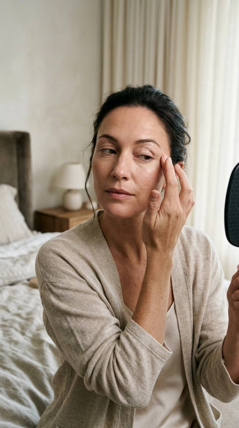 Editorial beauty shot of a woman applying a cream primer to her eyelids, soft focus luxury bedroom background, photorealistic skin texture, 9:16 ratio, 35mm lens, high-fashion aesthetic.