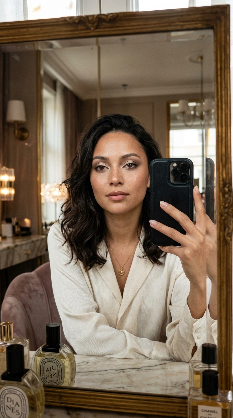 Luxury mirror selfie showing a woman with perfectly blended eyeshadow, soft glow, 9:16 ratio, 35mm lens, ultra-realistic, editorial fashion style, focus on eye detail.