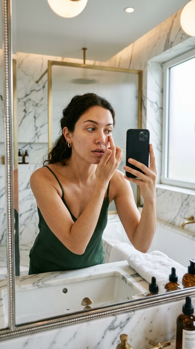 A luxury mirror selfie of a woman with clean, bare skin examining her eyes in a modern marble bathroom, 9:16 ratio, Nano Banana style, photorealistic, shot on 35mm lens, highly detailed, ultra-realistic, soft lighting, editorial aesthetic.