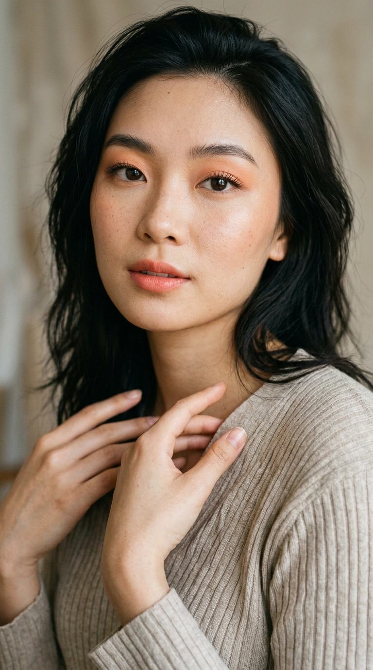 An editorial beauty shot of a model with monolid eyes, wearing a soft wash of peach cream shadow, 9:16 ratio, Nano Banana style, photorealistic, shot on 35mm lens, highly detailed, ultra-realistic, soft lighting, editorial aesthetic.