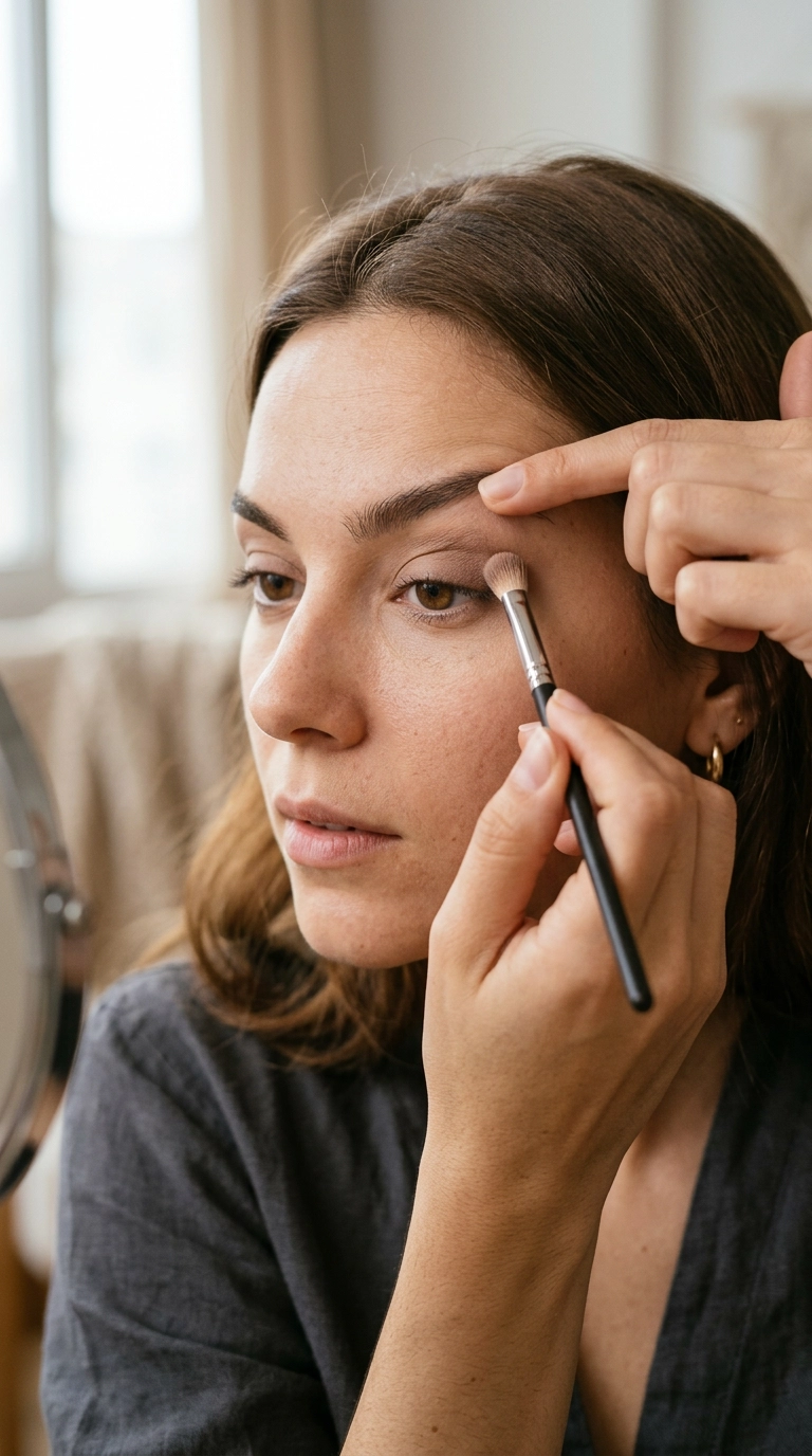 A close-up editorial shot of a woman with hooded eyes applying a matte neutral shadow above her natural fold, 9:16 ratio, Nano Banana style, photorealistic, shot on 35mm lens, highly detailed, ultra-realistic, soft lighting, editorial aesthetic.