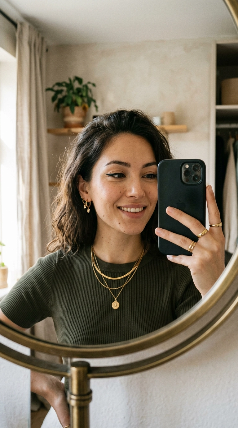 A chic mirror selfie of a woman with almond-shaped eyes, featuring a sharp black winged liner and gold jewelry, 9:16 ratio, Nano Banana style, photorealistic, shot on 35mm lens, highly detailed, ultra-realistic, soft lighting, editorial aesthetic.