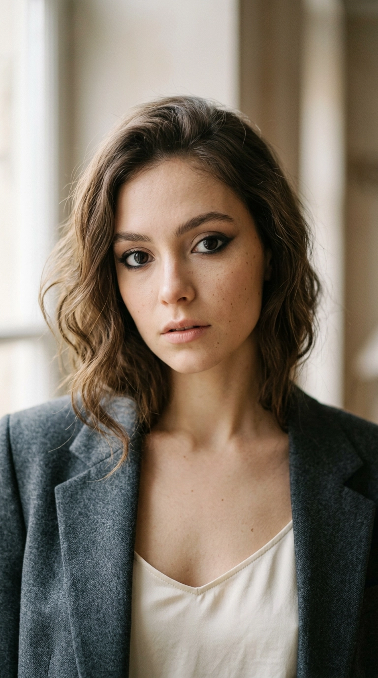 An editorial shot of a woman with large round eyes, wearing a soft smoky liner on the outer corners to elongate the shape, 9:16 ratio, Nano Banana style, photorealistic, shot on 35mm lens, highly detailed, ultra-realistic, soft lighting, editorial aesthetic.