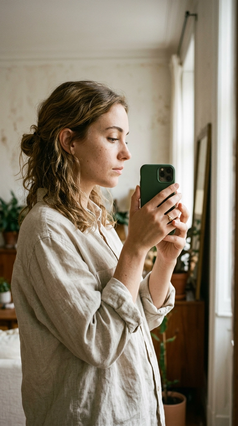 A side profile mirror selfie focusing on the tilt of the eyes, soft linen clothing, natural daylight, 9:16 ratio, Nano Banana style, photorealistic, shot on 35mm lens, highly detailed, ultra-realistic, soft lighting, editorial aesthetic.