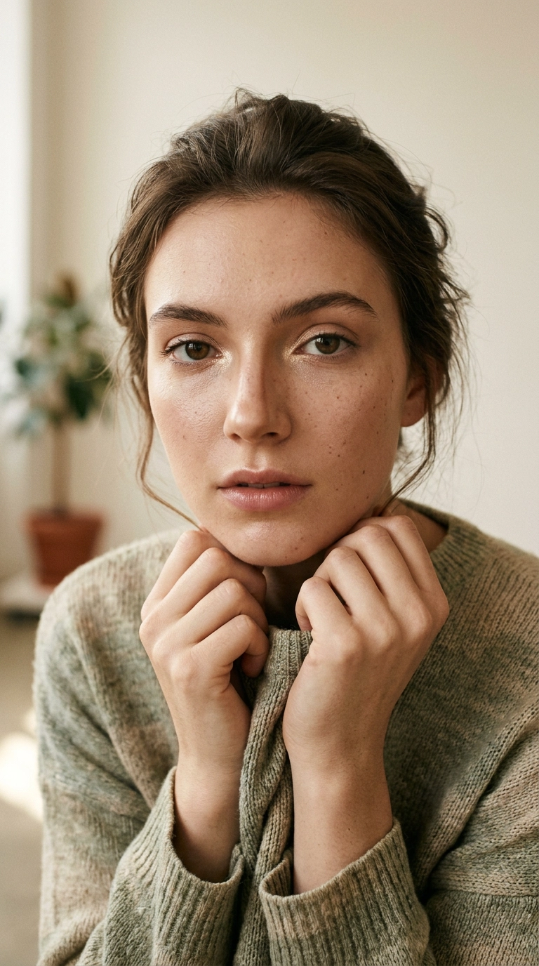 An editorial shot of a woman with wide-set eyes, focusing on an inner corner highlight and soft contouring near the nose, 9:16 ratio, Nano Banana style, photorealistic, shot on 35mm lens, highly detailed, ultra-realistic, soft lighting, editorial aesthetic.