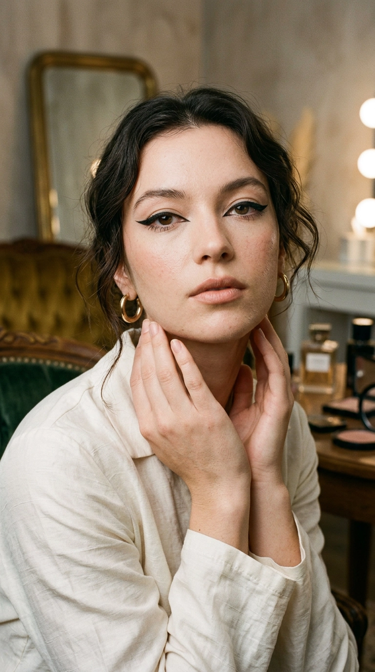 9:16 ratio, luxury editorial beauty shot of a woman with hooded eyes wearing a precise bat-wing eyeliner look, Nano Banana style, photorealistic, shot on 35mm lens, soft focus background of a high-end dressing room.