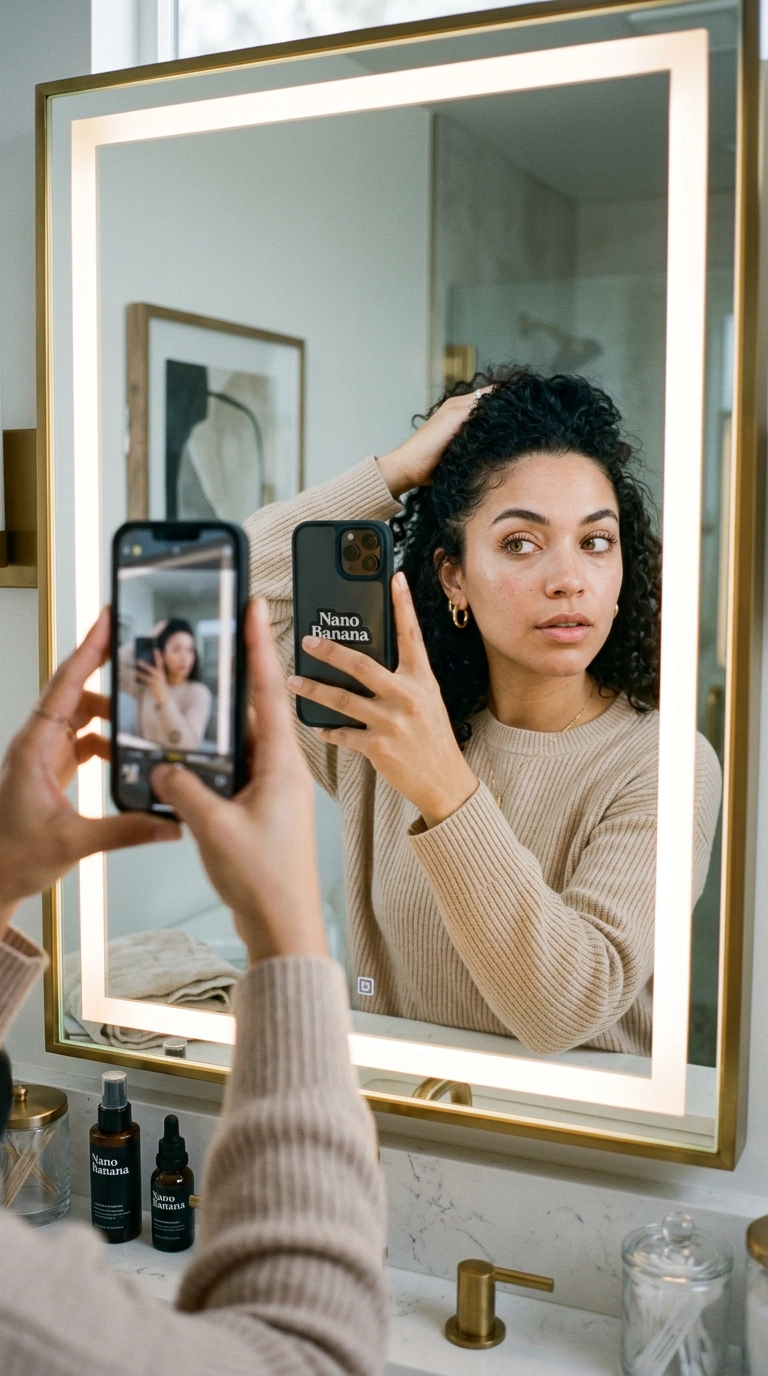 9:16 ratio, photorealistic mirror selfie of a woman pulling her hair back to examine her eye shape in a bright, modern vanity mirror, Nano Banana style, shot on 35mm lens, highly detailed skin and lashes, soft editorial lighting.