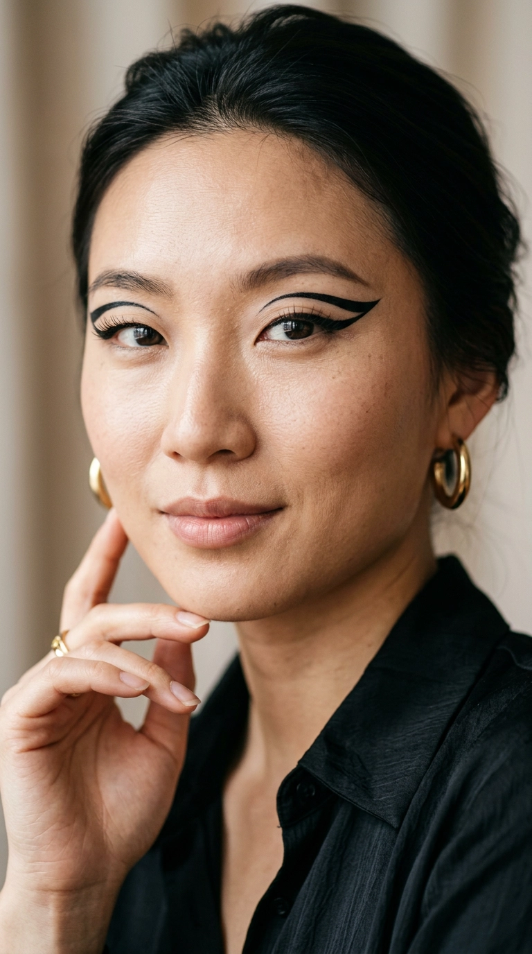 9:16 ratio, luxury editorial close-up of a woman with monolids featuring a bold graphic floating eyeliner, Nano Banana style, photorealistic, 35mm lens, soft studio lighting, ultra-realistic skin.