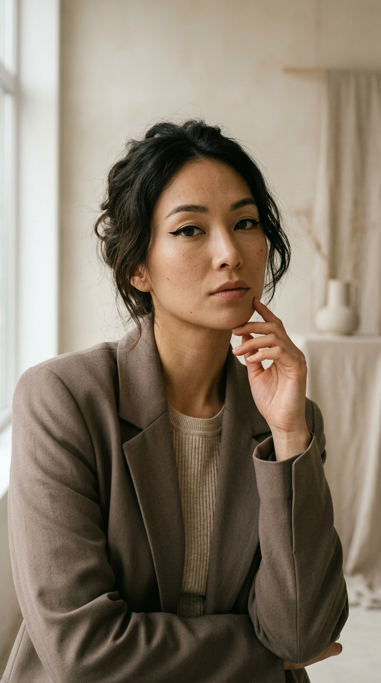 9:16 ratio, photorealistic editorial shot of a woman with almond-shaped eyes and a sharp classic wing, shot on 35mm lens, Nano Banana style, high-end fashion aesthetic, neutral tones.