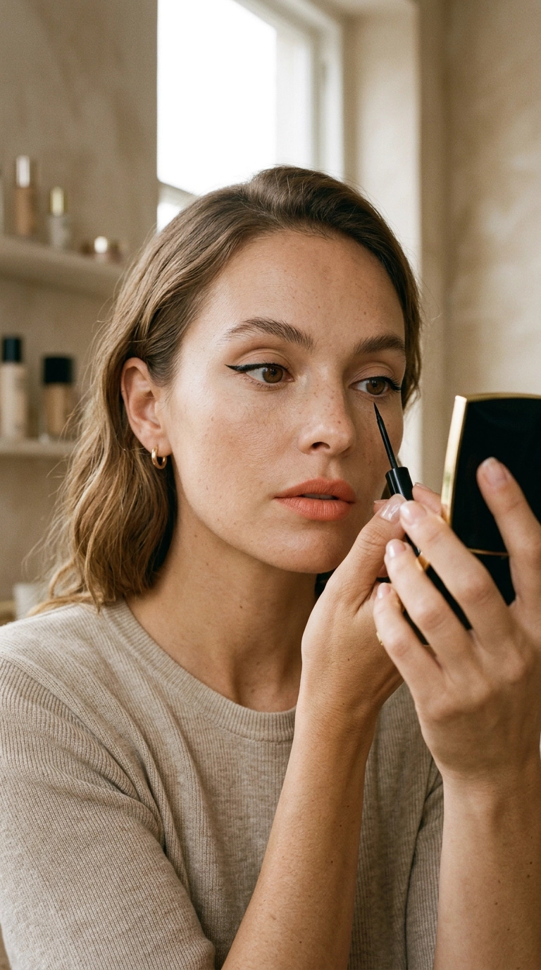 9:16 ratio, editorial beauty shot of a woman with upturned eyes using liner to balance her features, photorealistic, 35mm lens, Nano Banana style, soft luxury aesthetic, realistic skin texture.