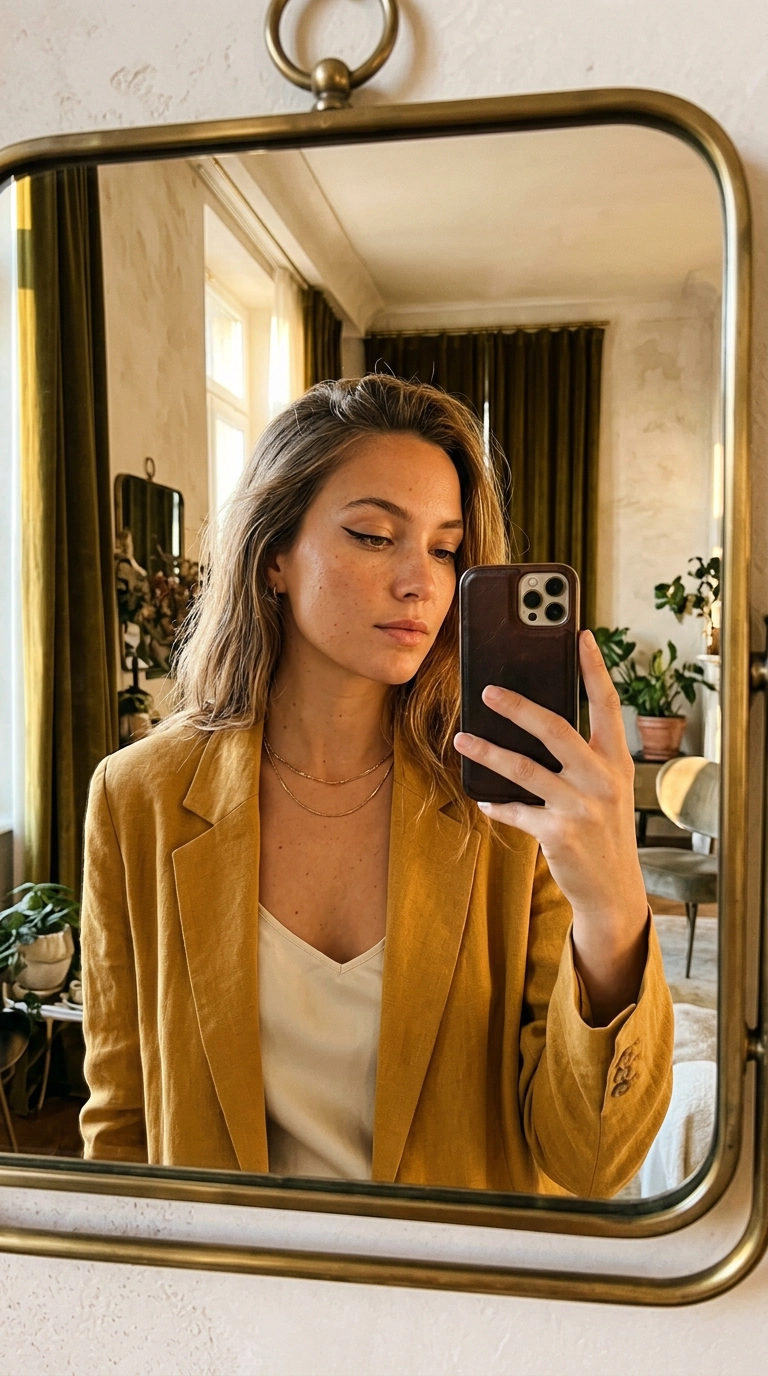 9:16 ratio, photorealistic mirror selfie of a woman with downturned eyes showing a 45-degree eyeliner lift, shot on 35mm lens, luxury aesthetic, Nano Banana style, warm golden hour light.