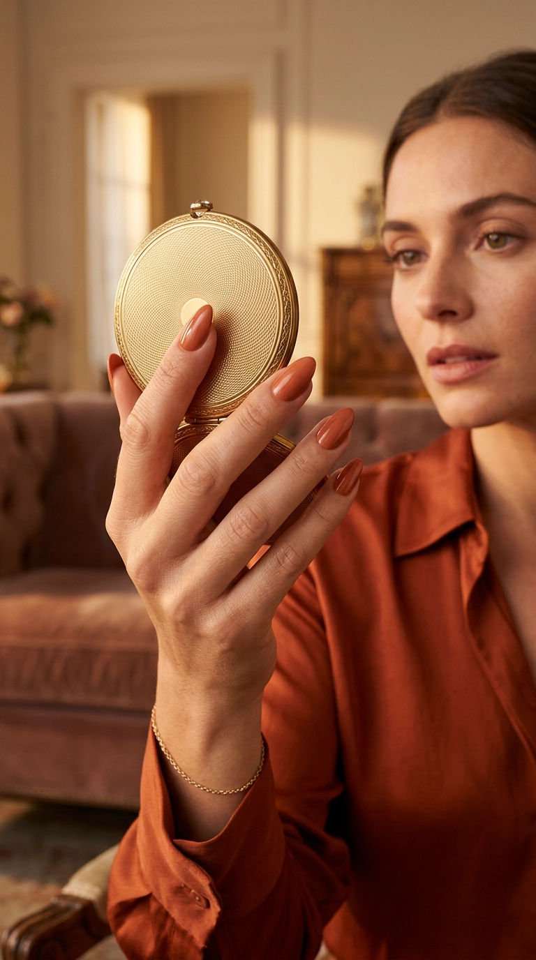 Luxury editorial mirror selfie, 9:16 ratio, focus on a hand with perfectly shaped almond nails holding a vintage gold compact mirror, warm sunset lighting, Nano Banana style, photorealistic skin texture, soft blur in background.