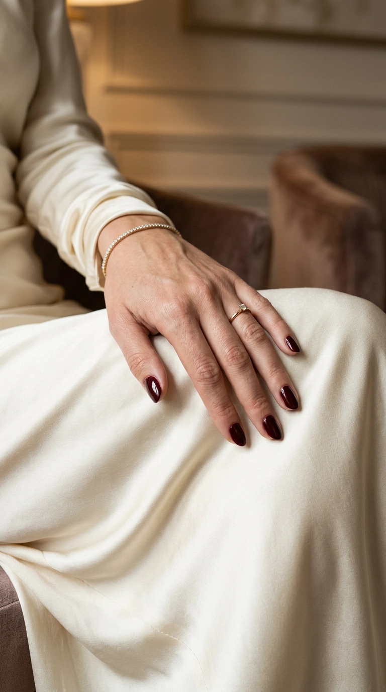 Luxury editorial shot, 9:16 ratio, a close-up of a hand with a deep burgundy manicure resting on a silk cream-colored dress, 35mm lens, soft editorial lighting, rich textures, photorealistic.