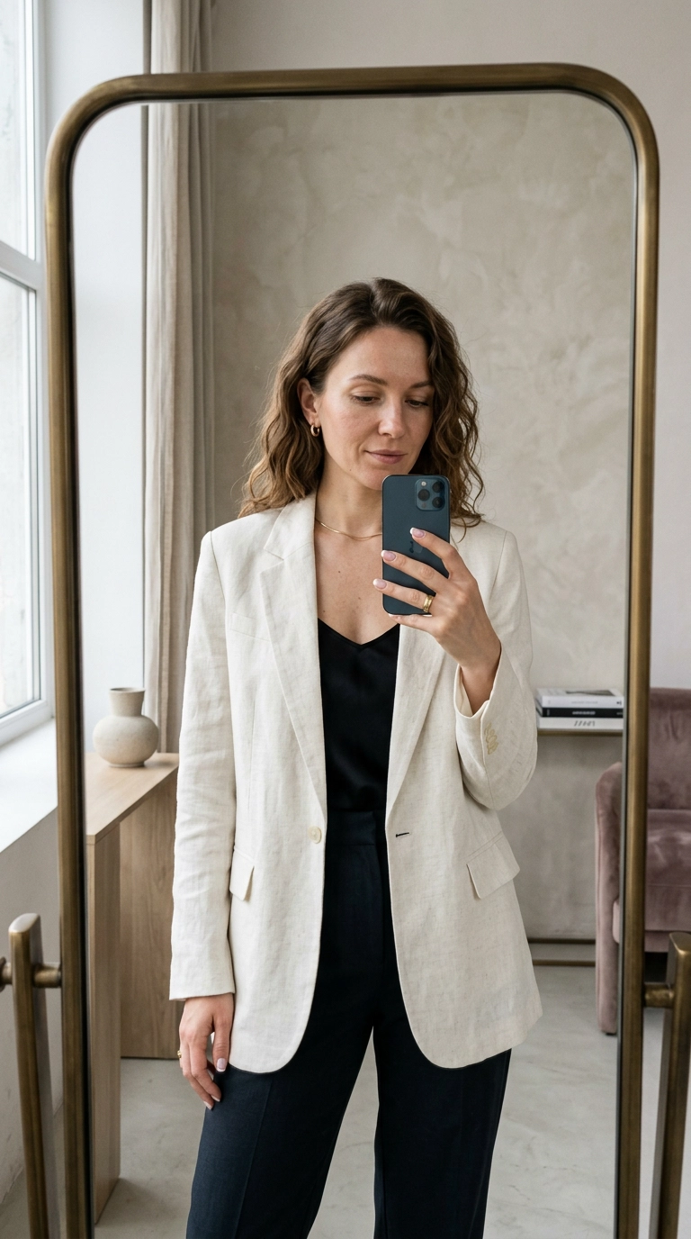 Luxury editorial mirror selfie, 9:16 ratio, a woman in a linen blazer checking her phone, showing short square-round nails with a classic French tip, minimalist aesthetic, shot on 35mm lens, photorealistic.