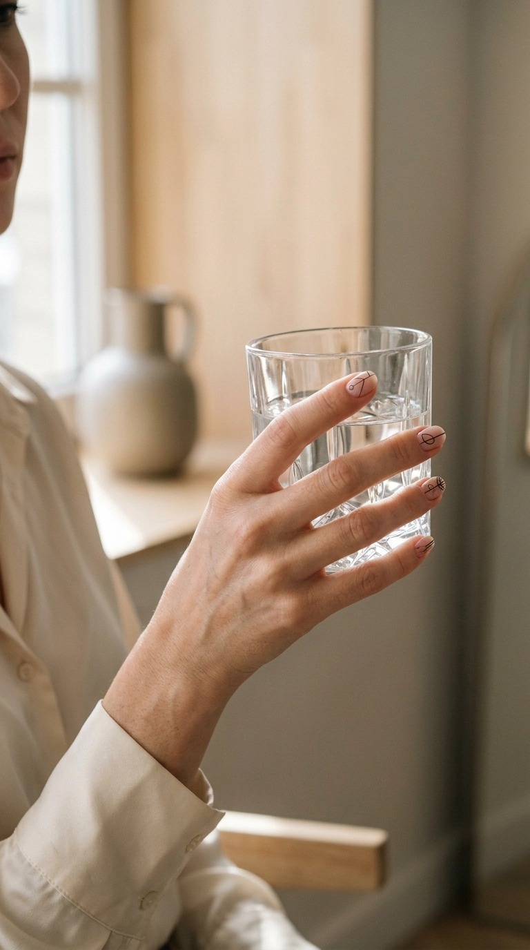 Luxury editorial beauty shot, 9:16 ratio, a woman's hand with minimalist line art nails holding a crystal glass of water, soft morning light, 35mm lens, editorial aesthetic, photorealistic.