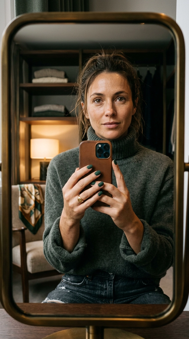 Luxury editorial mirror selfie, 9:16 ratio, a woman wearing an oversized cashmere sweater, showing off matte velvet-finish nails in a deep forest green, soft indoor lighting, 35mm lens, photorealistic.