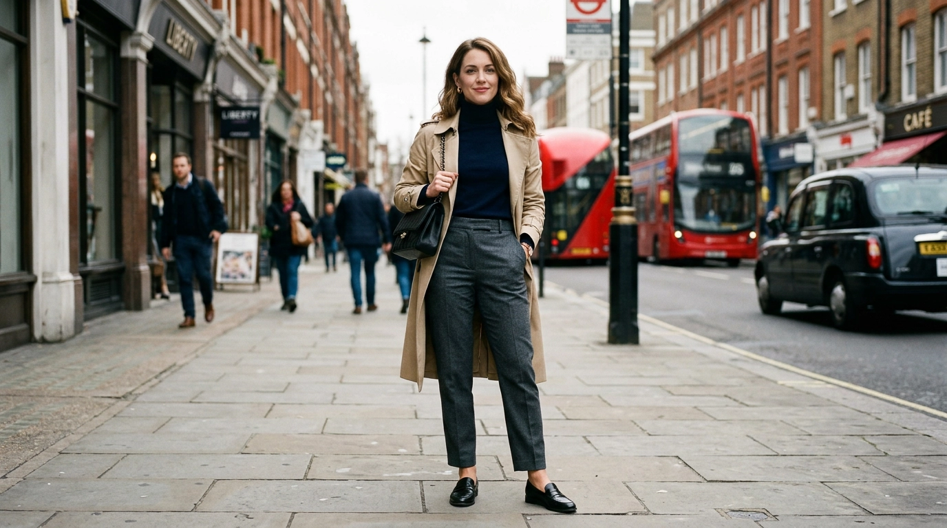 A woman standing on a London sidewalk wearing perfectly tailored charcoal grey trousers that hit exactly at the ankle, photorealistic luxury editorial fashion street style, shot on 35mm lens, highly detailed, ultra-realistic, soft natural lighting, editorial aesthetic, no text, no typography --ar 16:9